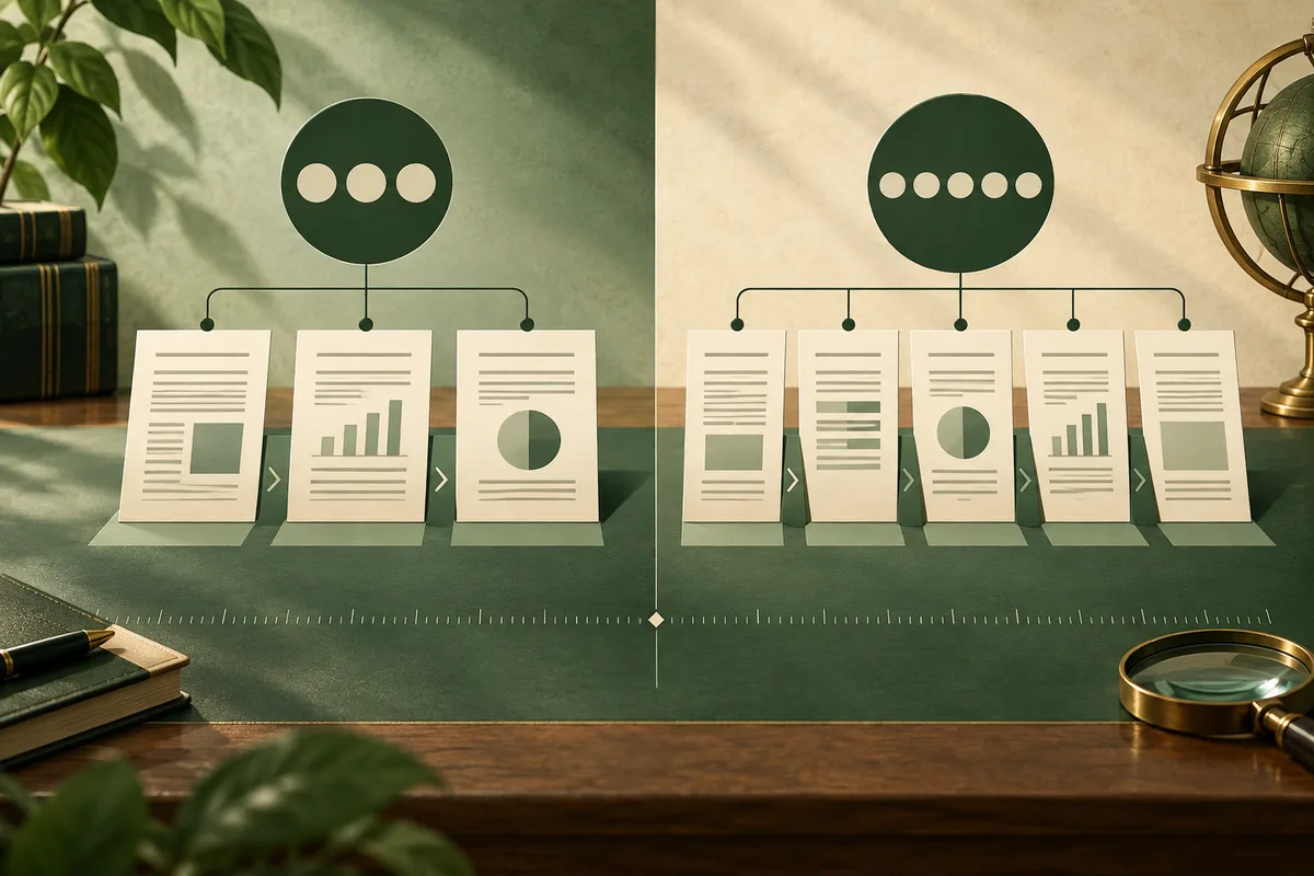 A split green-and-cream graphic shows three report pages beneath a three-dot circle on the left and five pages beneath a five-dot circle on the right, with small charts on the pages and books, a globe, and a magnifying glass around the scene.