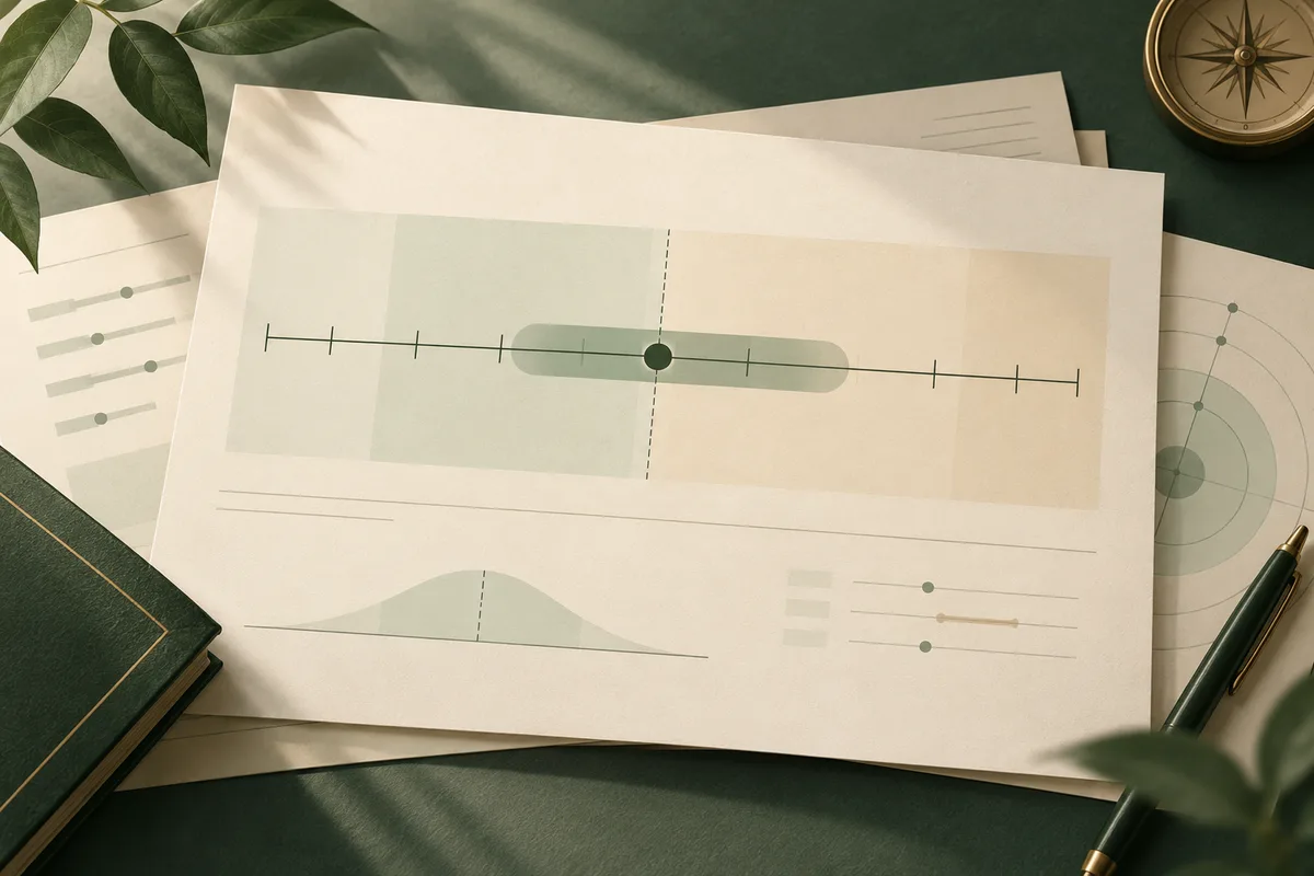 Papers on a dark green desk show a marked horizontal scale with a shaded band, a curved graph, and small diagrams; leaves and a compass sit nearby.