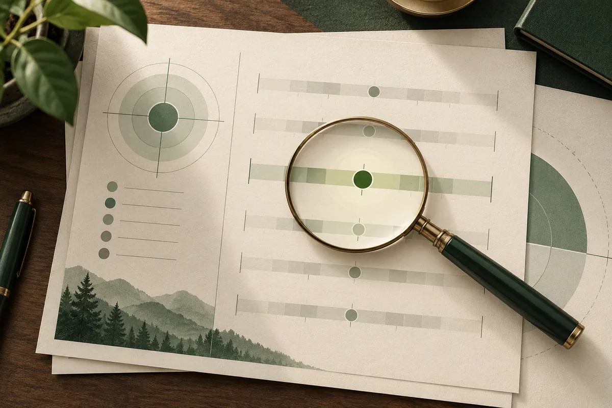 A magnifying glass rests over green and gray chart-like bars on paper, beside a circular target diagram and a small illustration of forested mountains.