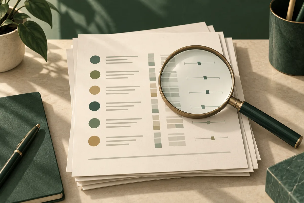 A magnifying glass rests on stacked sheets with colored dots, bars, and horizontal markers. A pen, notebook, leafy plant, and pencil cup sit on the green desk.