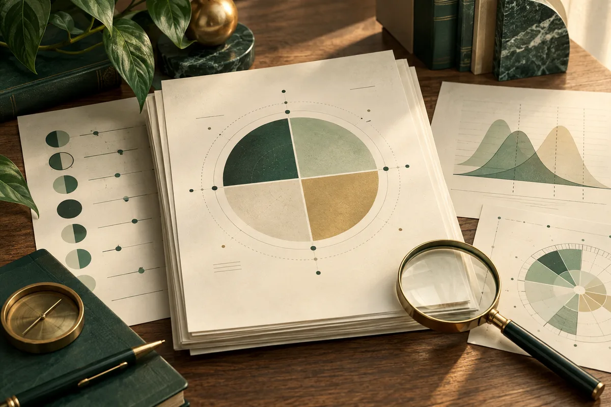 Cream-colored report pages with green and gold charts lie on a wooden desk beside a magnifying glass, clock, pen, and leafy plant.
