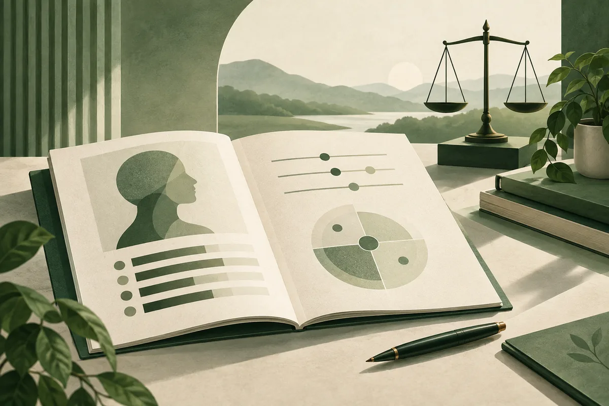 An open report shows an abstract profile silhouette, horizontal scale lines, and a segmented circle. A balance scale, books, a pen, and leafy plants sit nearby.