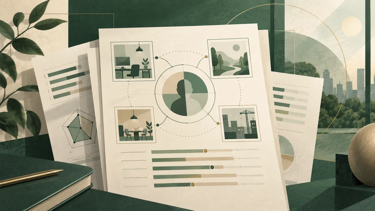 Illustrated assessment report pages show a divided circular profile, small scenes of a desk, landscape and city, and horizontal scales in forest green and cream.
