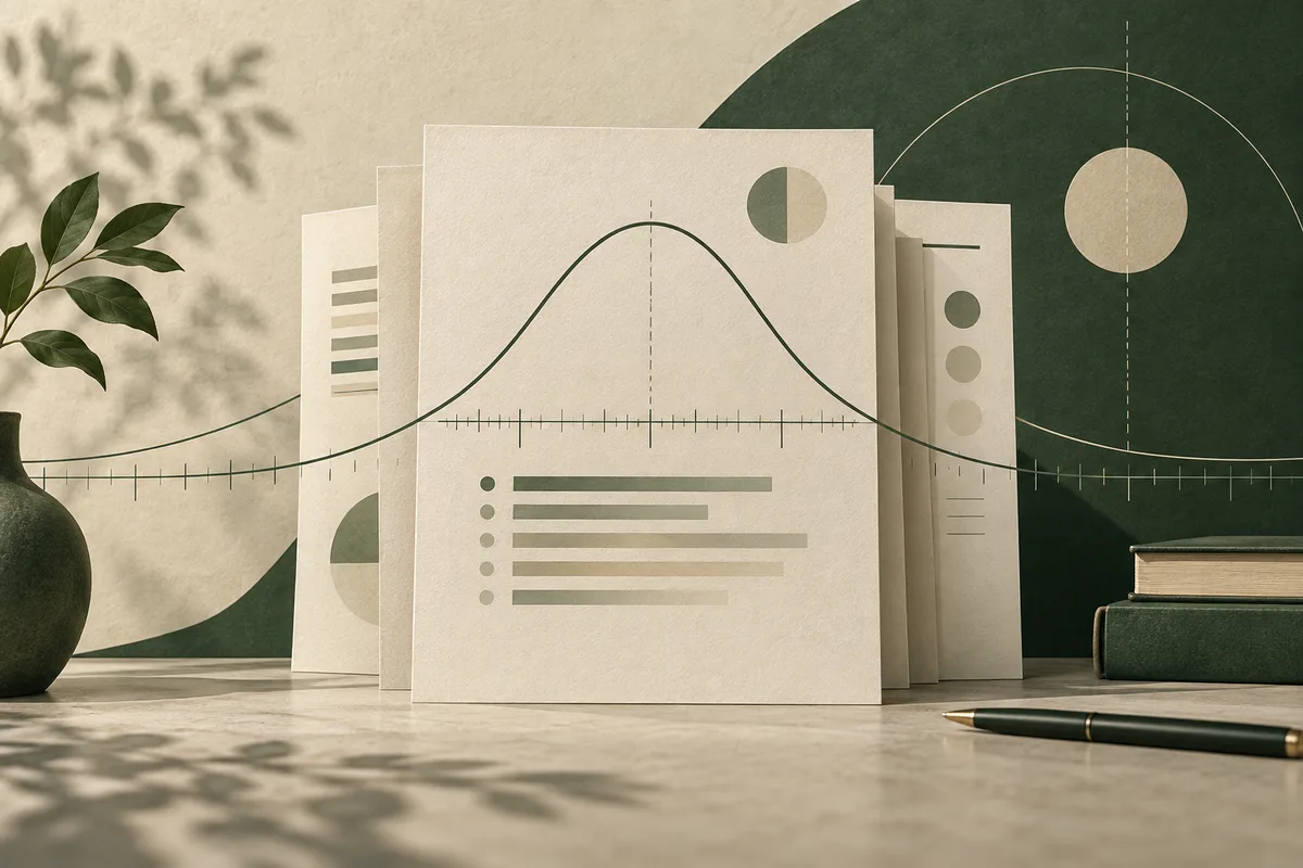 Cream report pages show a bell-shaped curve, tick marks, and muted bars, beside a leafy vase and stacked books.