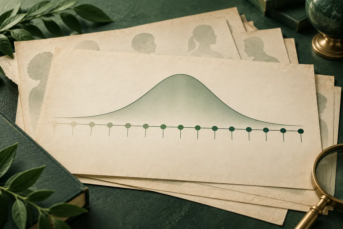 A bell-shaped curve rises above a row of dots that shift from pale to dark green on papers with faint profile silhouettes.