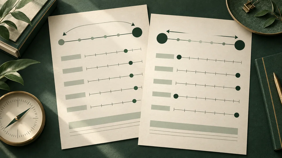 Two cream-colored sheets with horizontal lines, dots, arrows, and pale green blocks lie on a dark green surface beside a compass, books, leaves, a tray, and a pen.