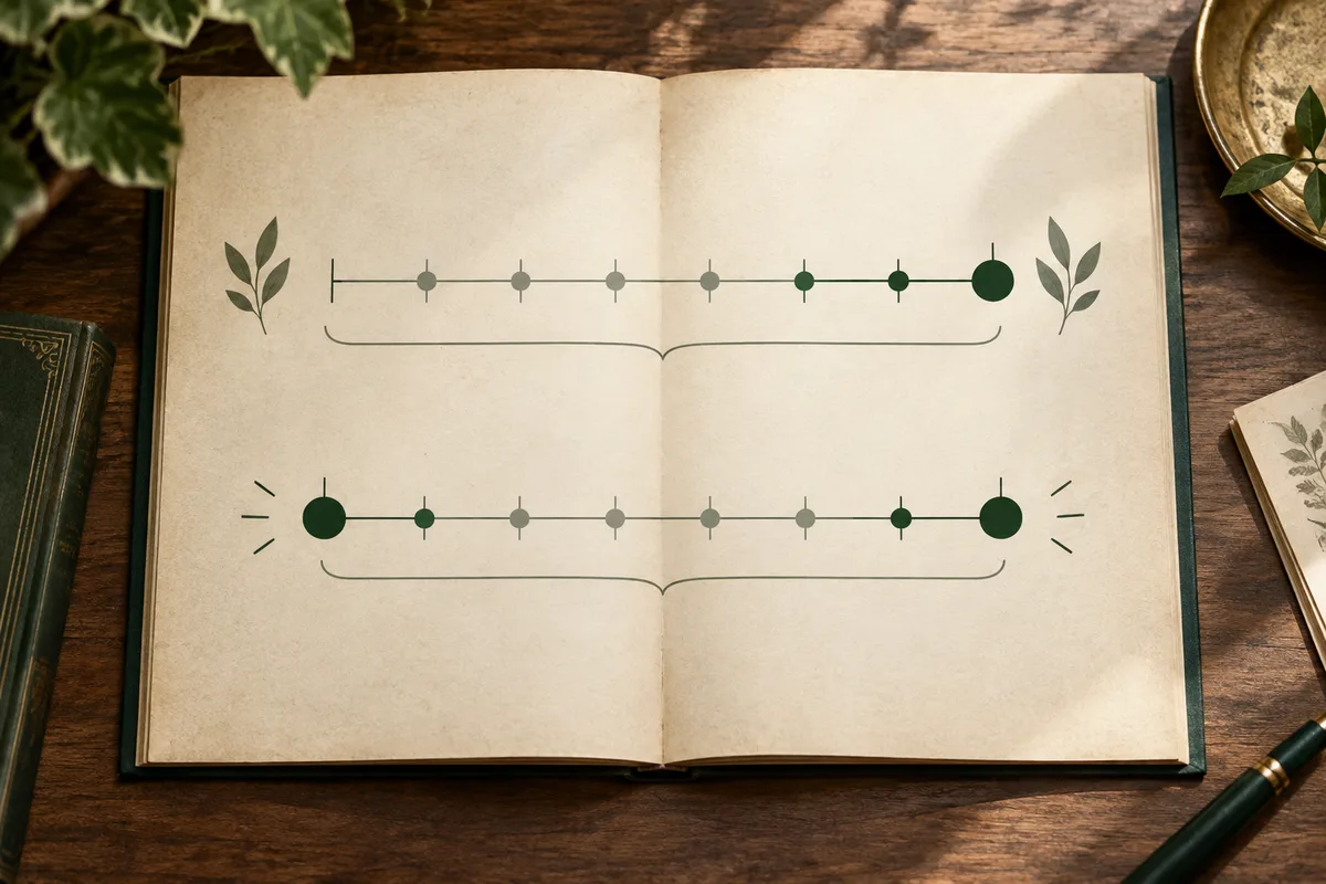 An open cream-colored book displays two horizontal lines with evenly spaced dots and larger dark green dots, surrounded by leaf drawings and desk items on a wooden surface.