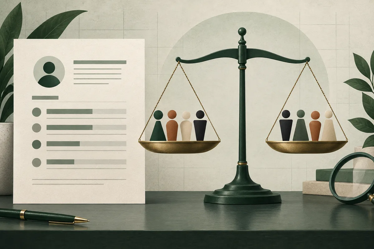 A dark green balance scale holds four stylized figures on each pan beside a profile sheet with abstract bars, a pen, and a magnifying glass.