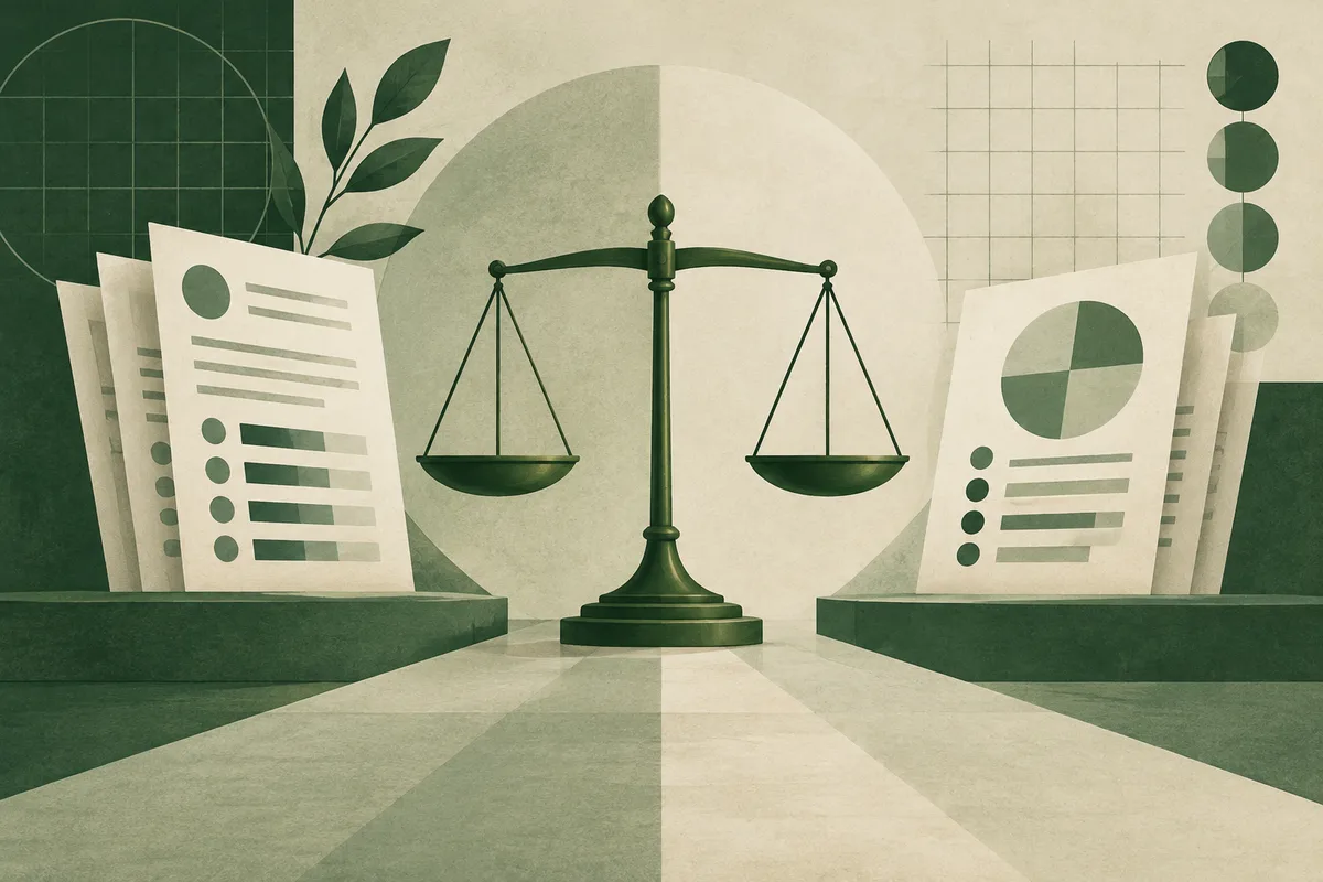 Green balance scale centered between two report sheets, with geometric charts, a leafy branch, and a pale circular backdrop.