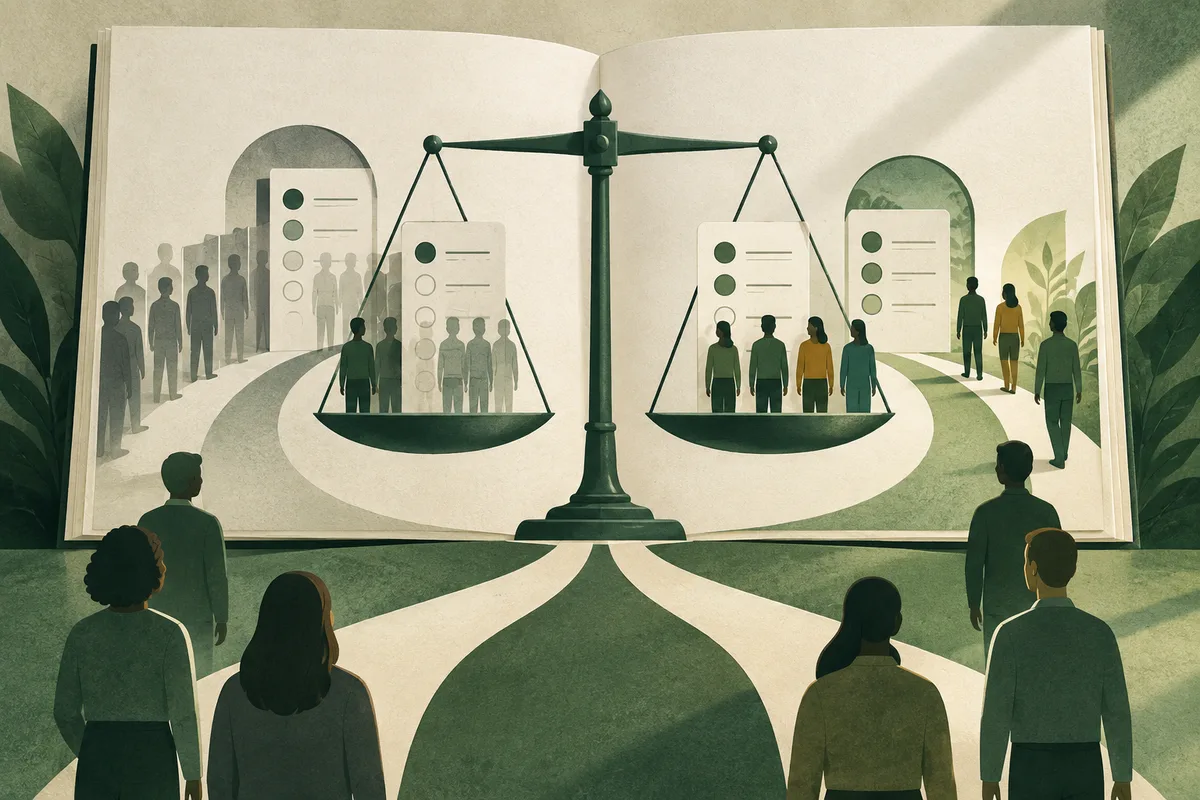 Open book showing a balance scale with groups of simplified people and report sheets, while more people stand in the foreground.