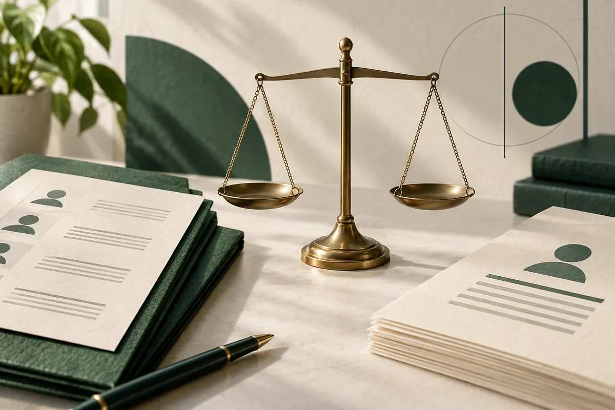 Brass balance scale on a light desk between stacked report papers, a dark pen, green folders, and a leafy plant.