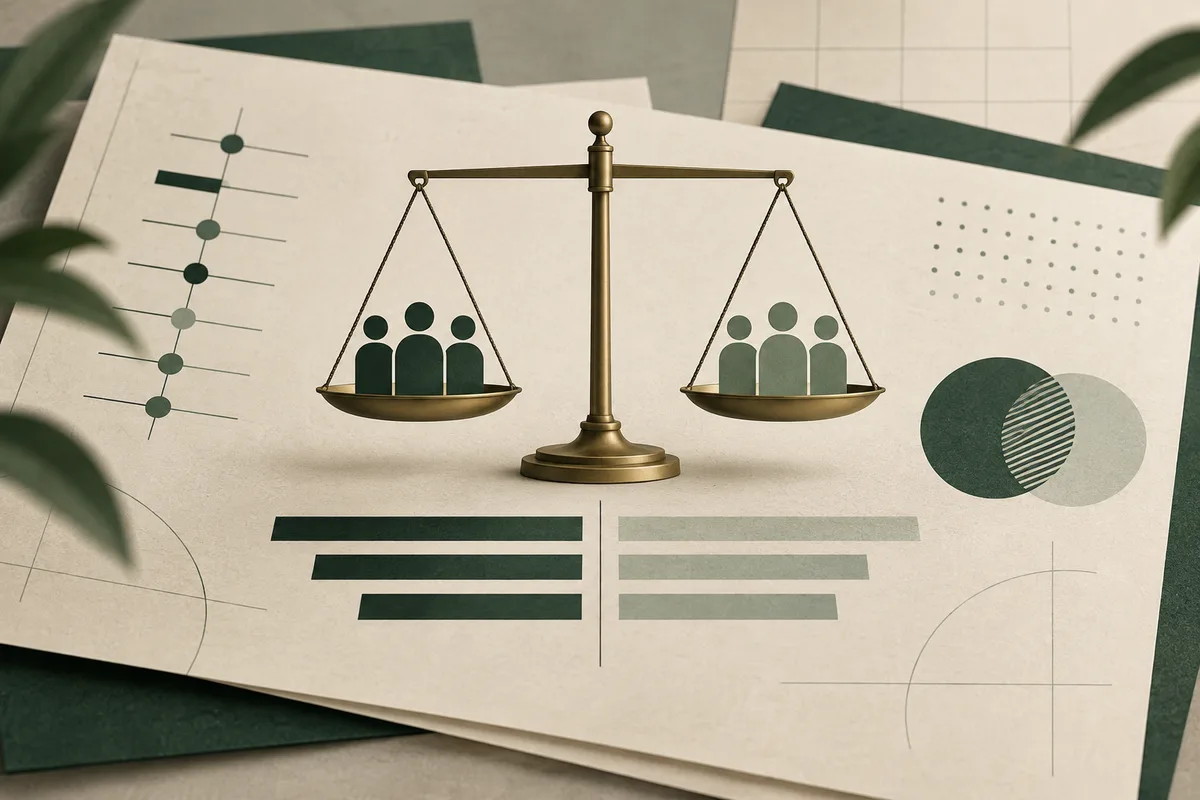Report-style page showing a brass balance scale with three dark figures on one pan and three lighter figures on the other, surrounded by bars and circles.
