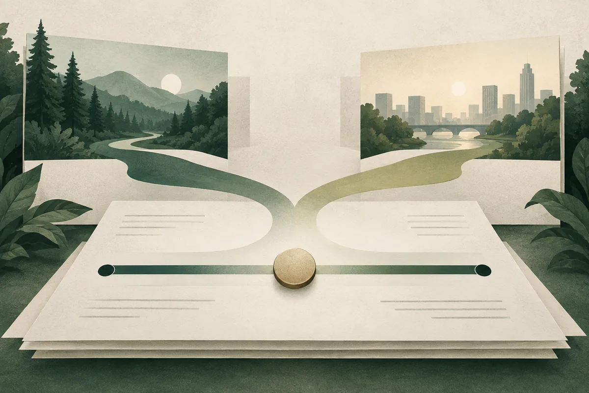 Two paper panels show a forest path and a city river connected by a winding path, above a horizontal slider with its knob near the center.