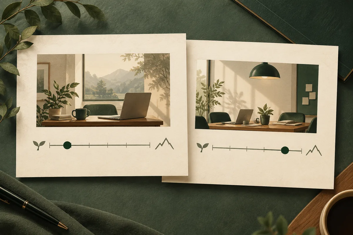 Two overlapping report cards show different desk scenes and horizontal scales with markers at opposite ends.