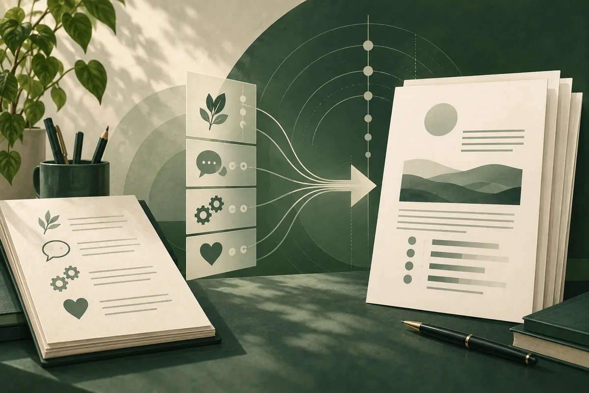 Illustrated report pages and icon panels connect by arrows to a stacked report, beside a pen and potted plant.