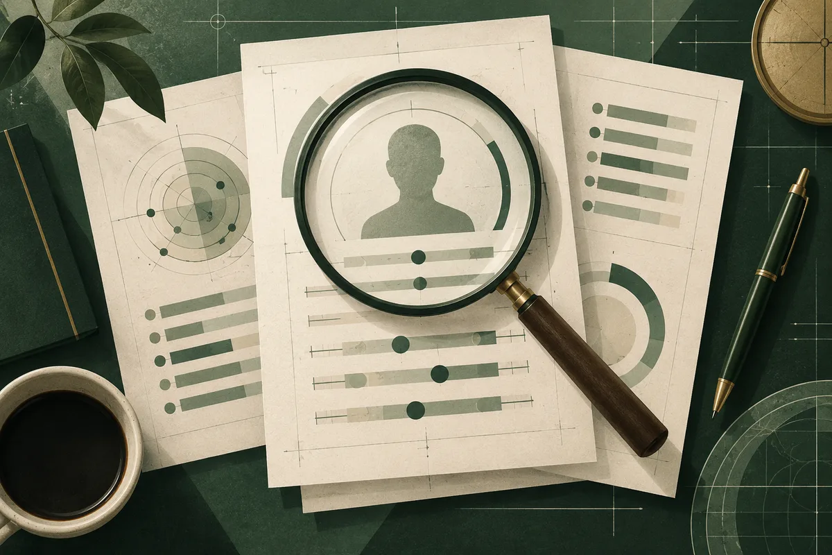 A magnifying glass enlarges a head silhouette on a paper report with abstract charts. A pen, coffee cup, leaves, and part of a clock sit on a dark green desk.