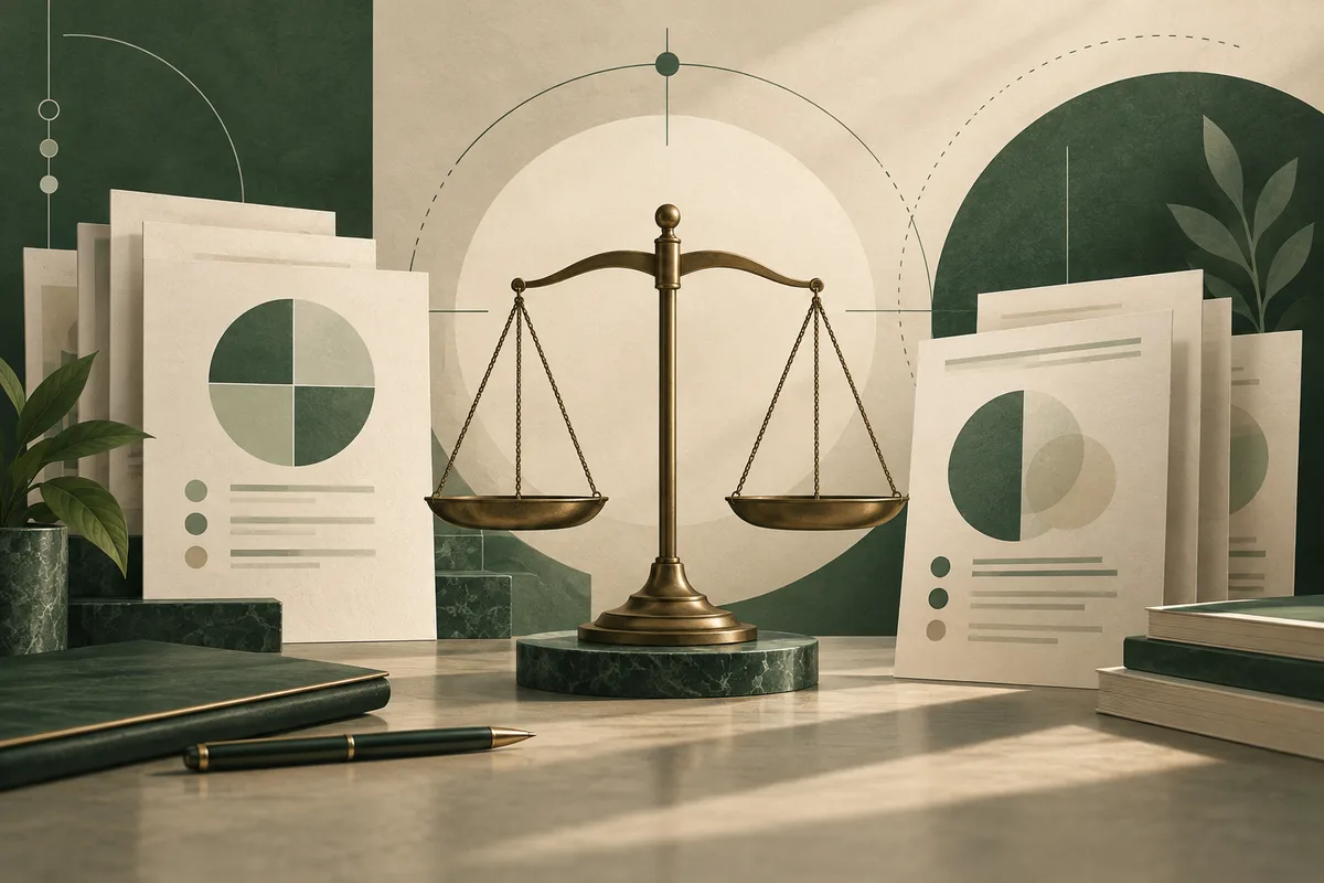 A balance scale stands between report pages with simple charts; books and a pen sit on a desk in green and cream tones.
