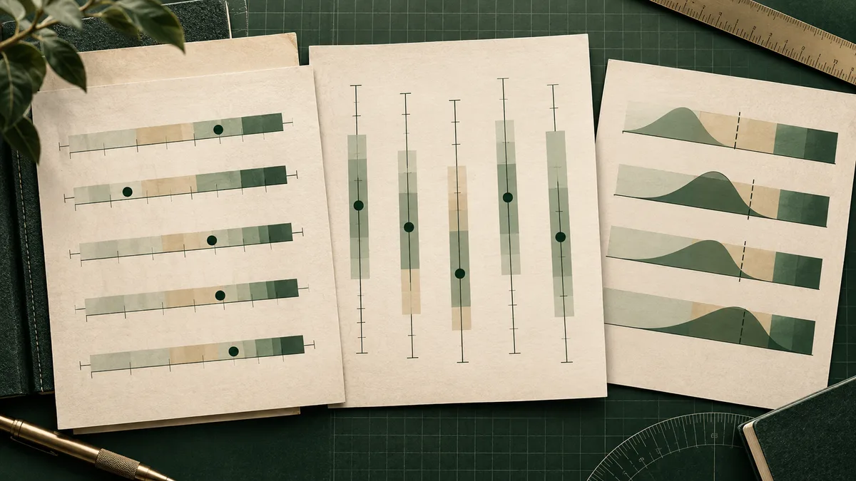 Three cream-colored sheets on a dark green gridded surface show abstract horizontal and vertical measurement bars, shaded bands, dots, and curved plots. A ruler, pen, book, and leafy branch surround the sheets.