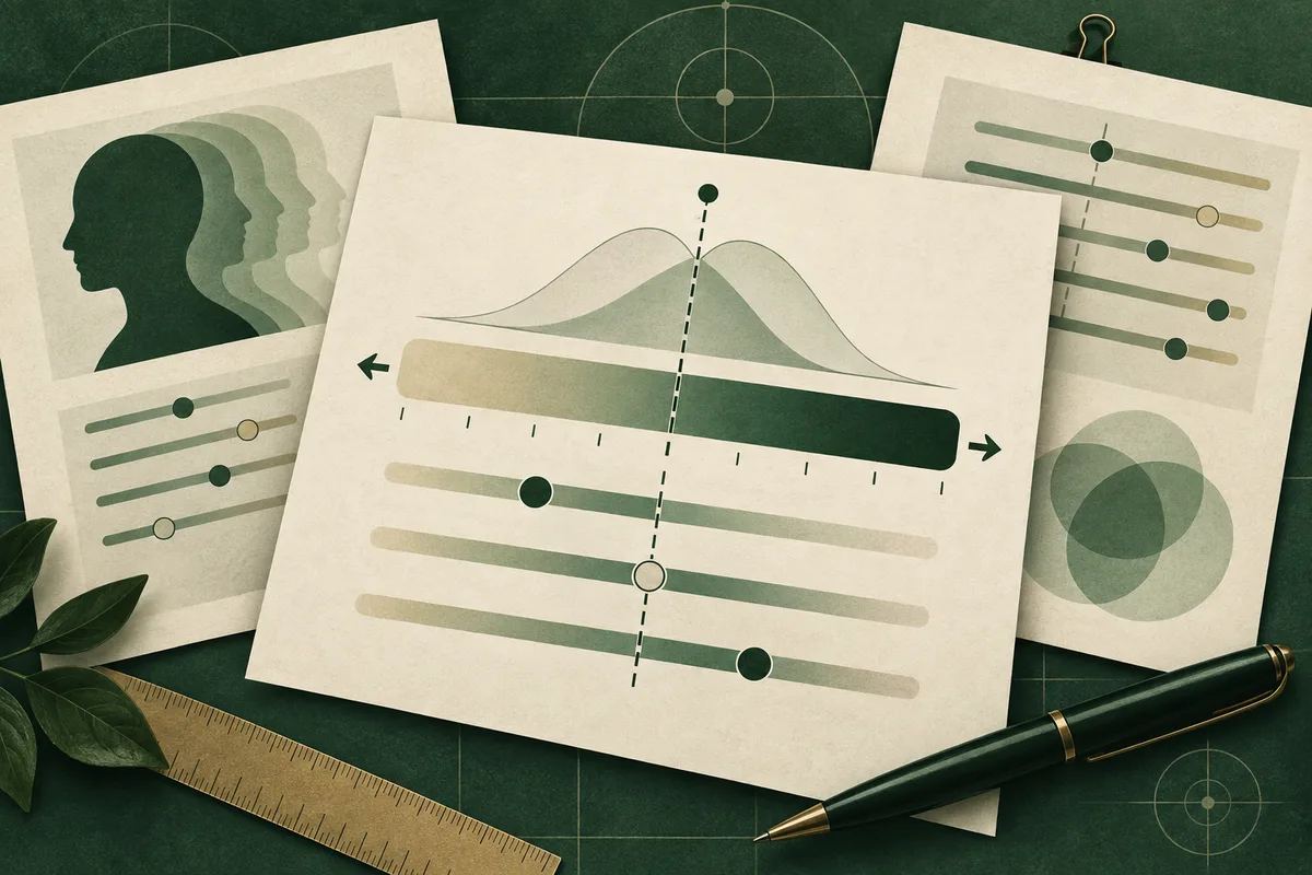 Overlapping head-profile silhouettes and abstract measurement charts surround a central sheet with two curved plots, a dashed vertical line, arrows, shaded bands, and circular markers. A ruler and pen lie on a dark green surface.
