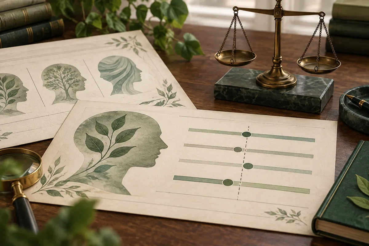 Cream-colored sheets show botanical head-profile illustrations and horizontal bars with circular markers beside a brass balance scale. Books, leaves, a magnifying glass, and a pen sit on a wooden desk.