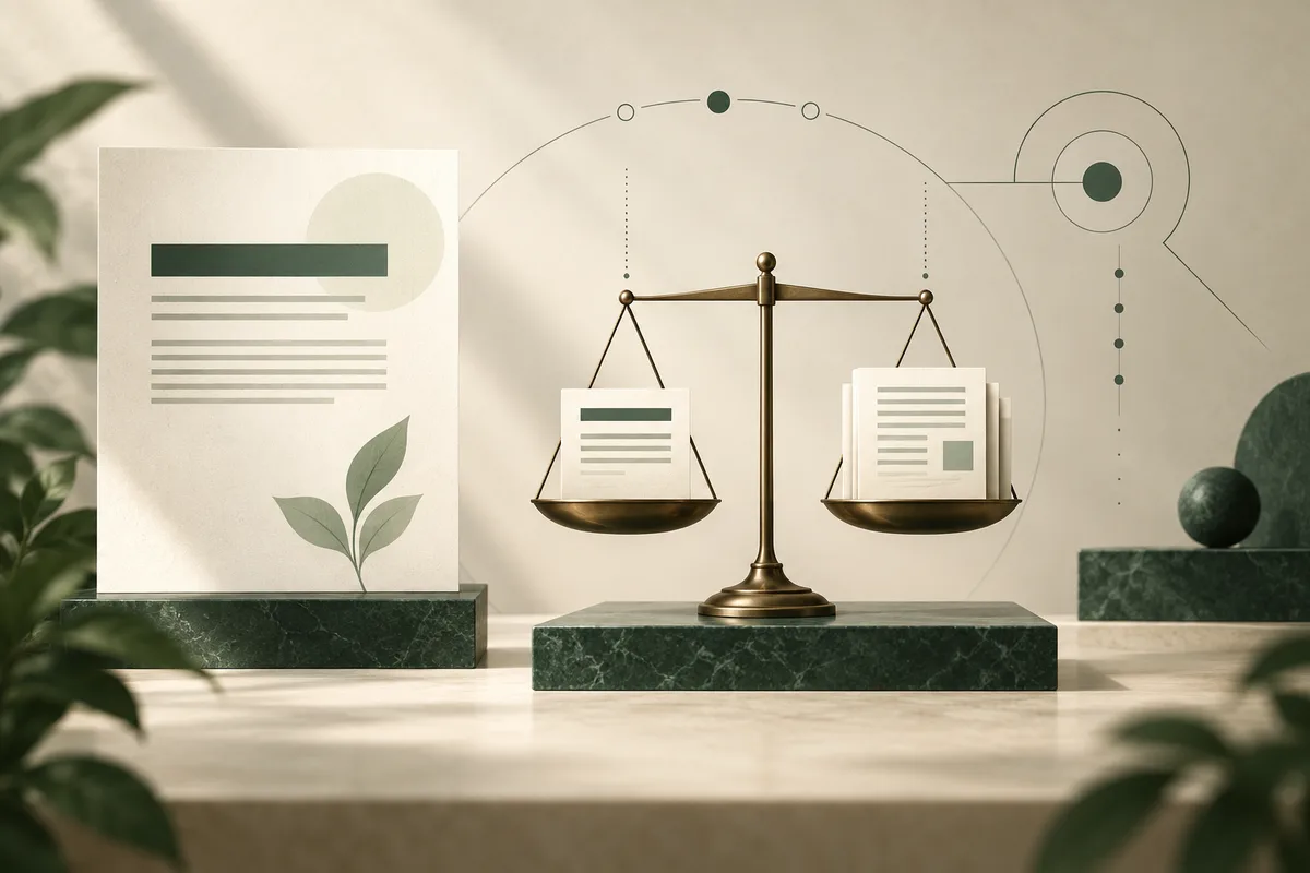 A brass balance scale holds a single page on one side and several pages on the other. A larger sheet with green lines and a small plant sit nearby, against a cream and dark green background.