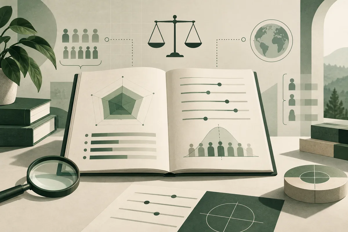 Open book displaying geometric charts and horizontal measures, with a balance scale, globe, magnifying glass, and simplified human figures around it.