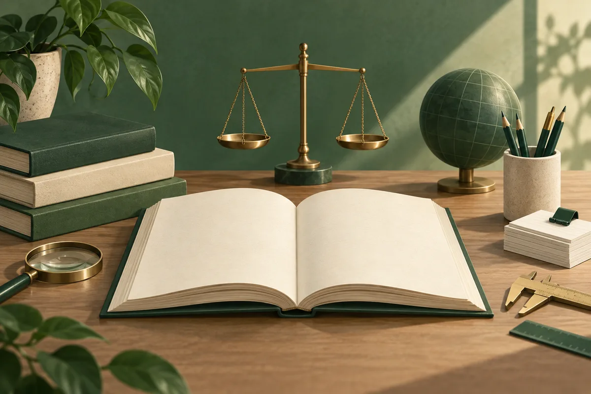 Blank open book on a wooden desk with a brass balance scale, globe, pencils, ruler, magnifying glass, and stacked books.