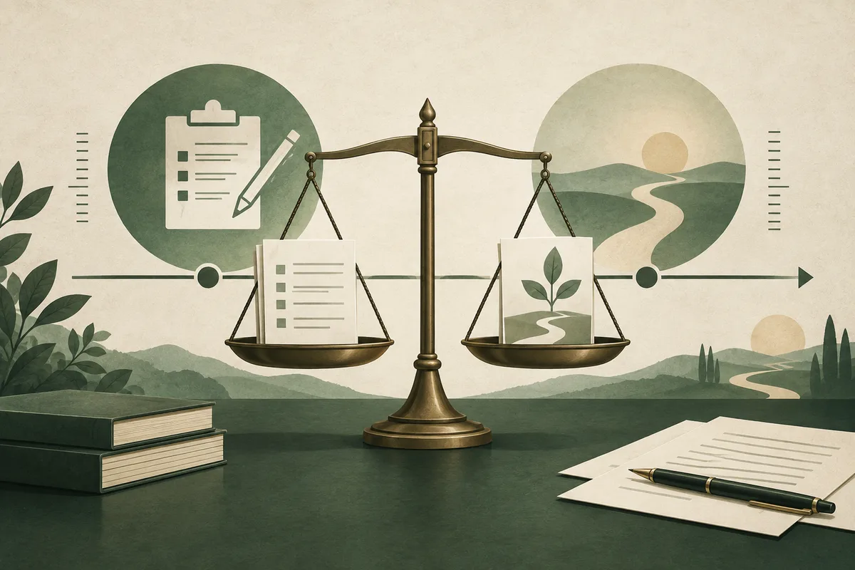 An illustrated balance scale holds a checklist on one side and a small plant with a winding path on the other, with books, papers, a pen, and green landscape shapes around it.