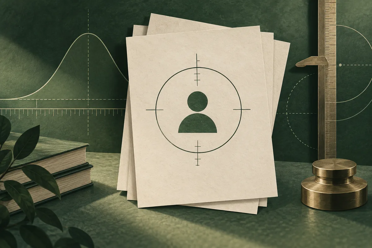 Layered cream paper sheets show a simple person icon inside a circular measurement target, with ruler markings, a bell curve, books, and a small brass instrument against a dark green background.