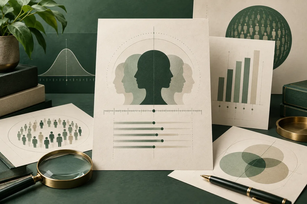 A layered silhouette diagram, a bell-shaped curve, small person icons, horizontal scales, and a bar chart arranged on papers beside a magnifying glass and plant.