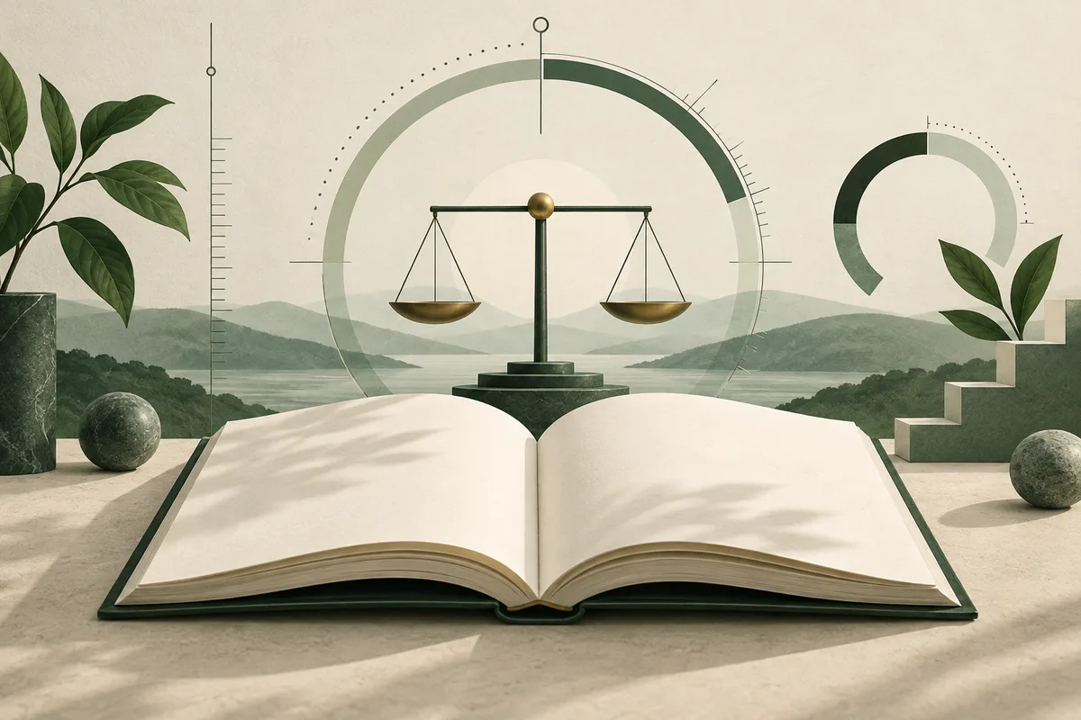 An open book sits in front of a balanced scale, circular measurement graphics, plants, and a misty mountain landscape.