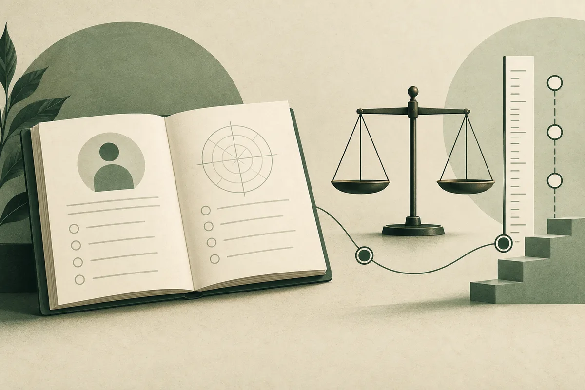 An open illustrated booklet with a profile icon, target diagram, and checklist sits beside a balance scale, ruler, and steps.