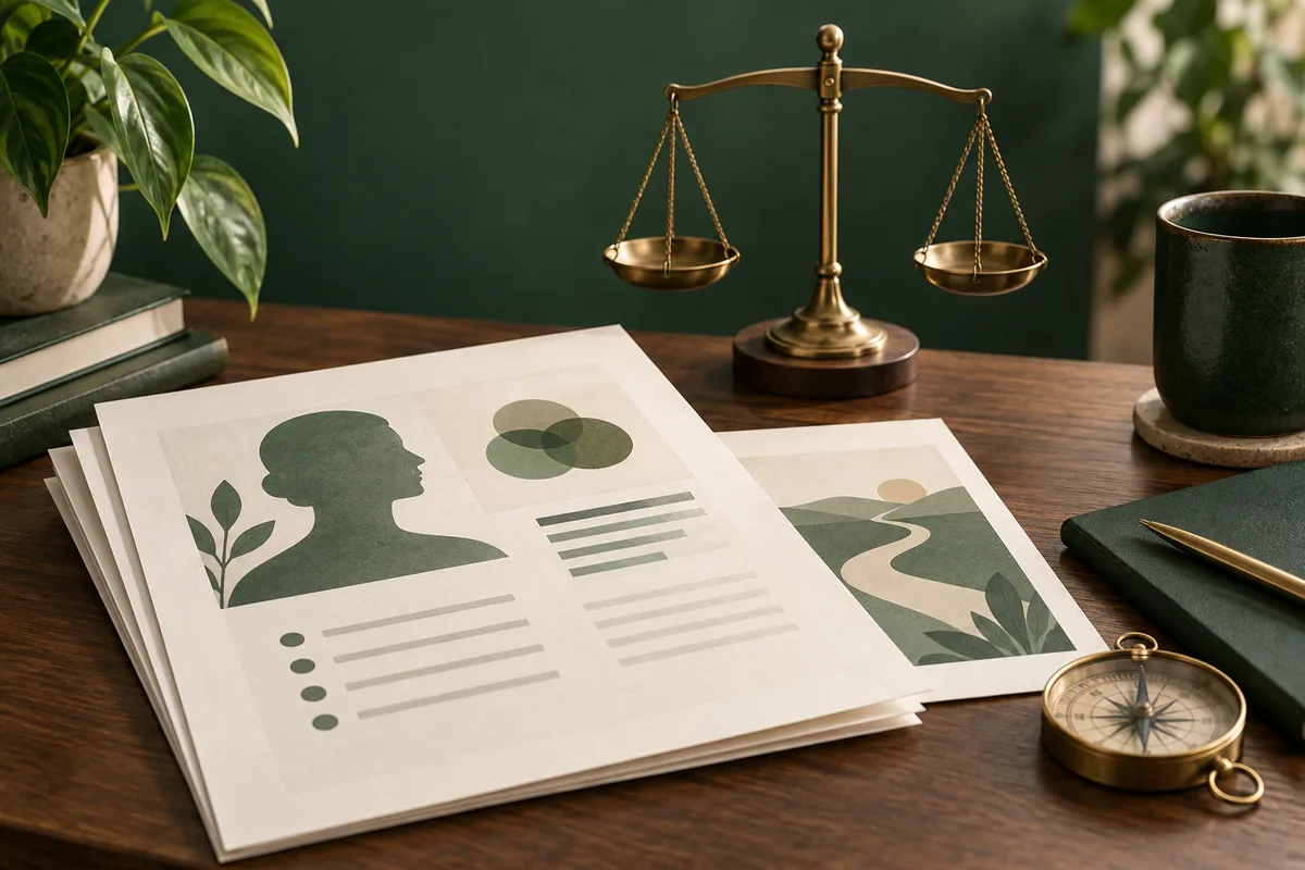 Illustrated pages showing a profile silhouette, overlapping circles, lines, and a landscape sit on a desk beneath a brass balance scale, beside a compass and cup.