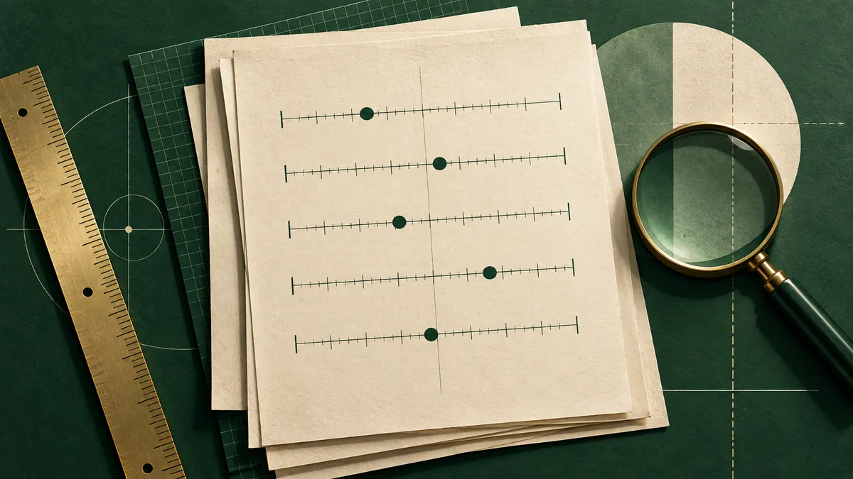 Stacked cream papers with five horizontal measurement lines and green dots, beside a brass ruler and magnifying glass on a dark green gridded surface.