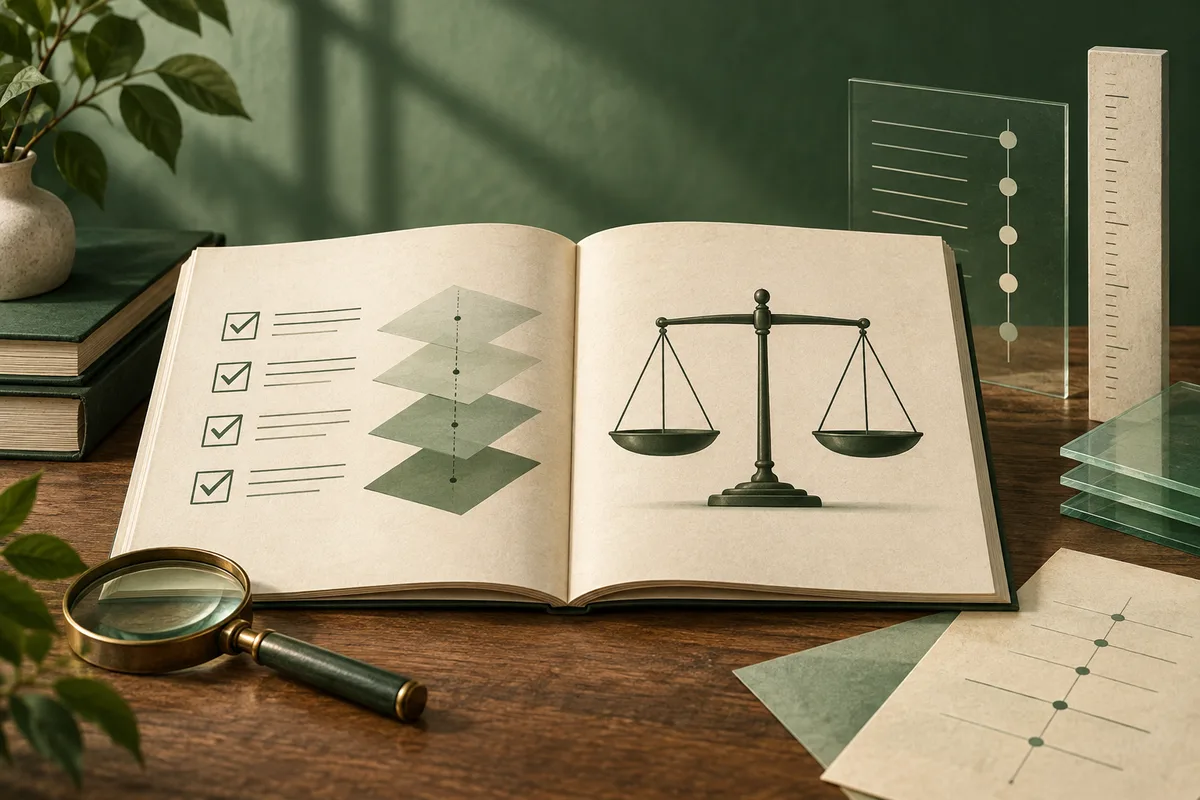 Open book showing checkmarks, layered geometric shapes, and balanced scales on a wooden desk, with a magnifying glass and measurement charts nearby.