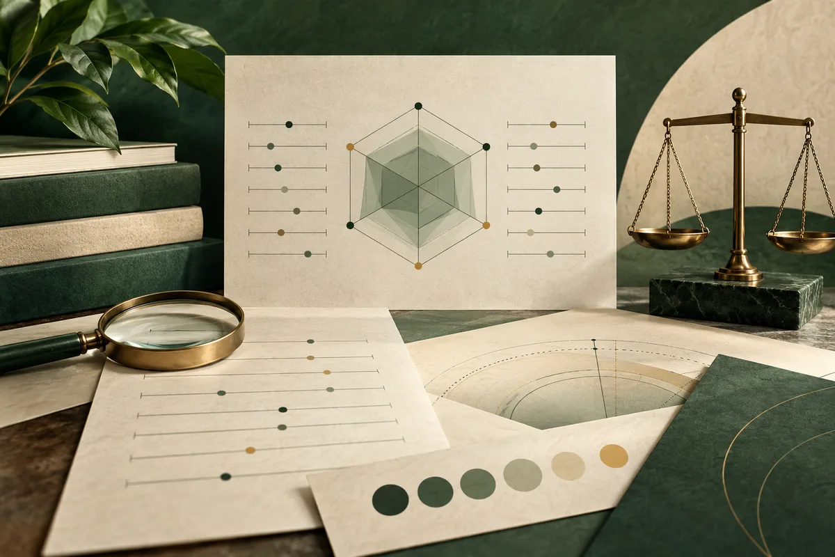 A central geometric chart and rows of unlabelled scales on cream paper, with books, a magnifying glass, and balance scales against a dark green background.
