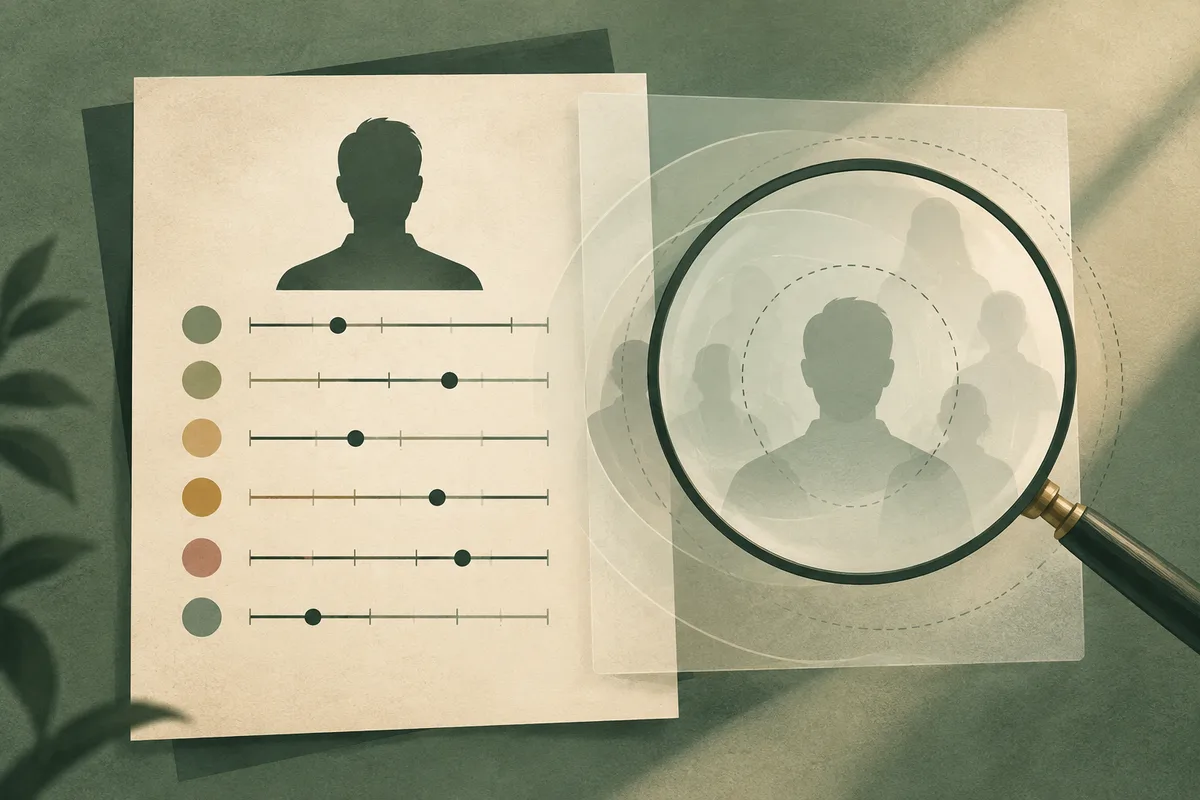 A dark bust silhouette above six unlabelled rating scales, beside a magnifying glass over several faint bust silhouettes.