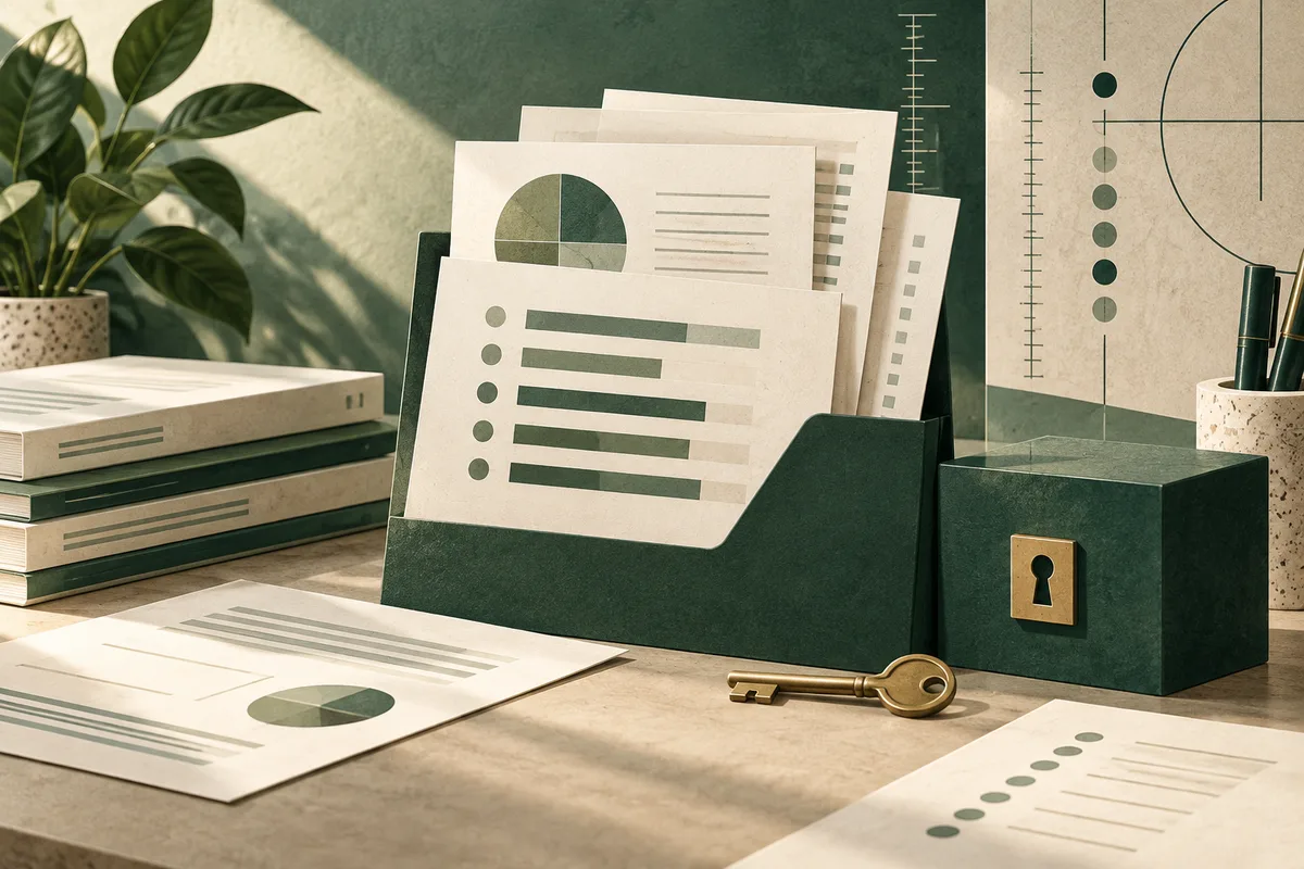 Papers with abstract charts sit in a dark green file holder beside a locked box and a brass key on a desk.