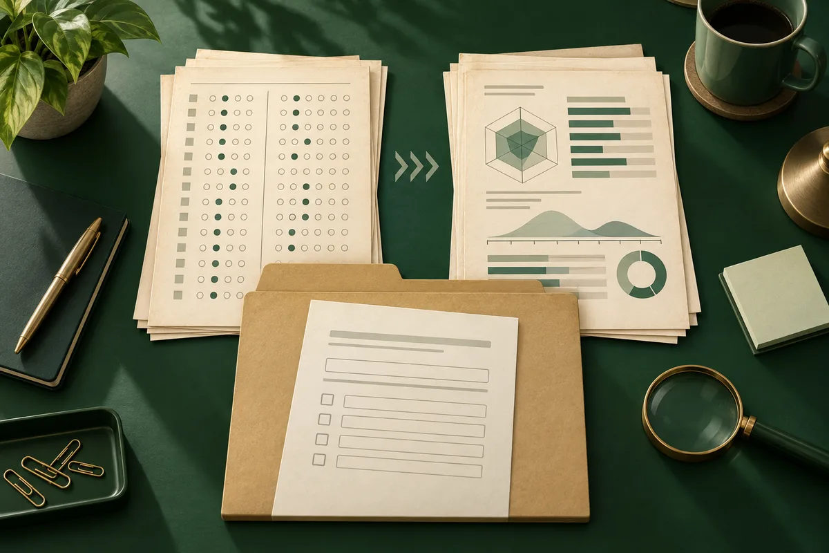 An overhead desk scene shows patterned response sheets, chart pages, a blank form in a folder, a magnifying glass, and a coffee cup.