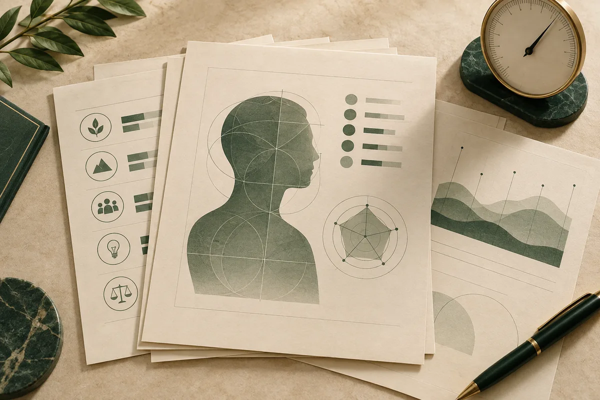 A stack of papers displays a green human-profile silhouette, circular diagrams, bar charts, and layered area charts beside a clock and pen.