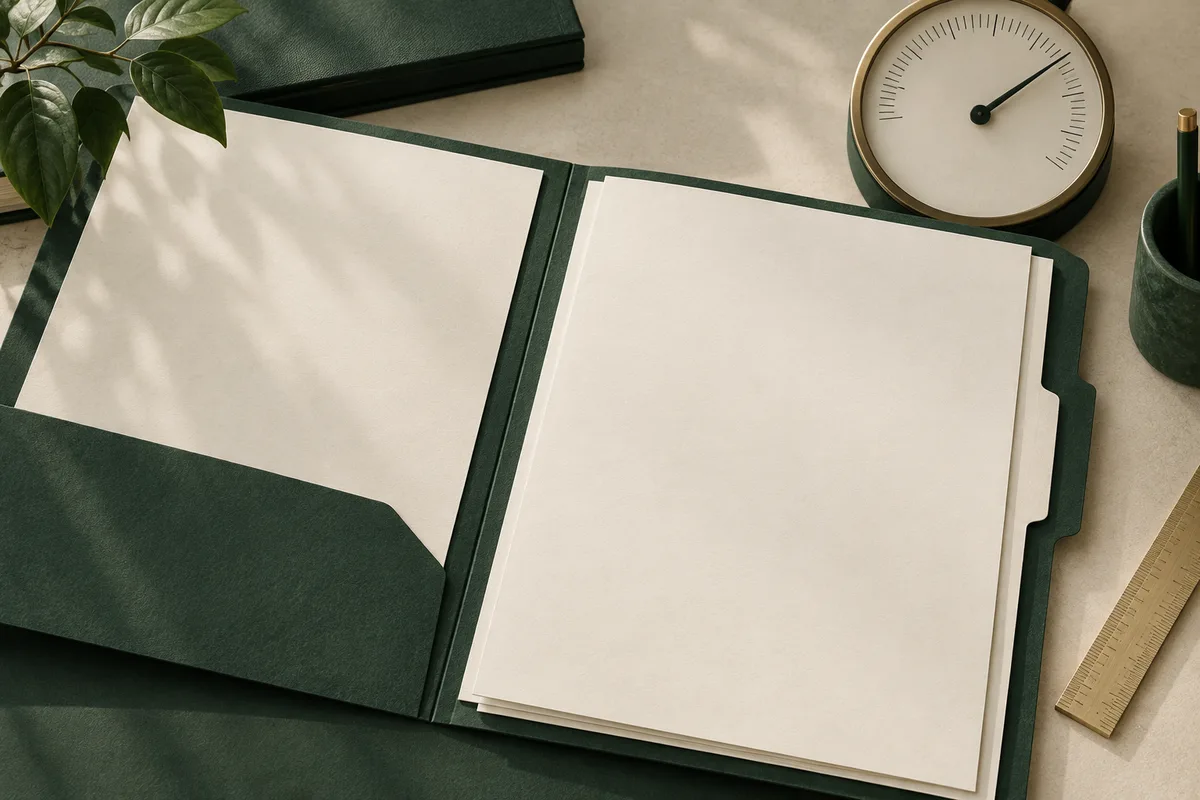 An open dark green folder holds blank pages on a desk beside a clock, ruler, pen holder, and leafy branch.