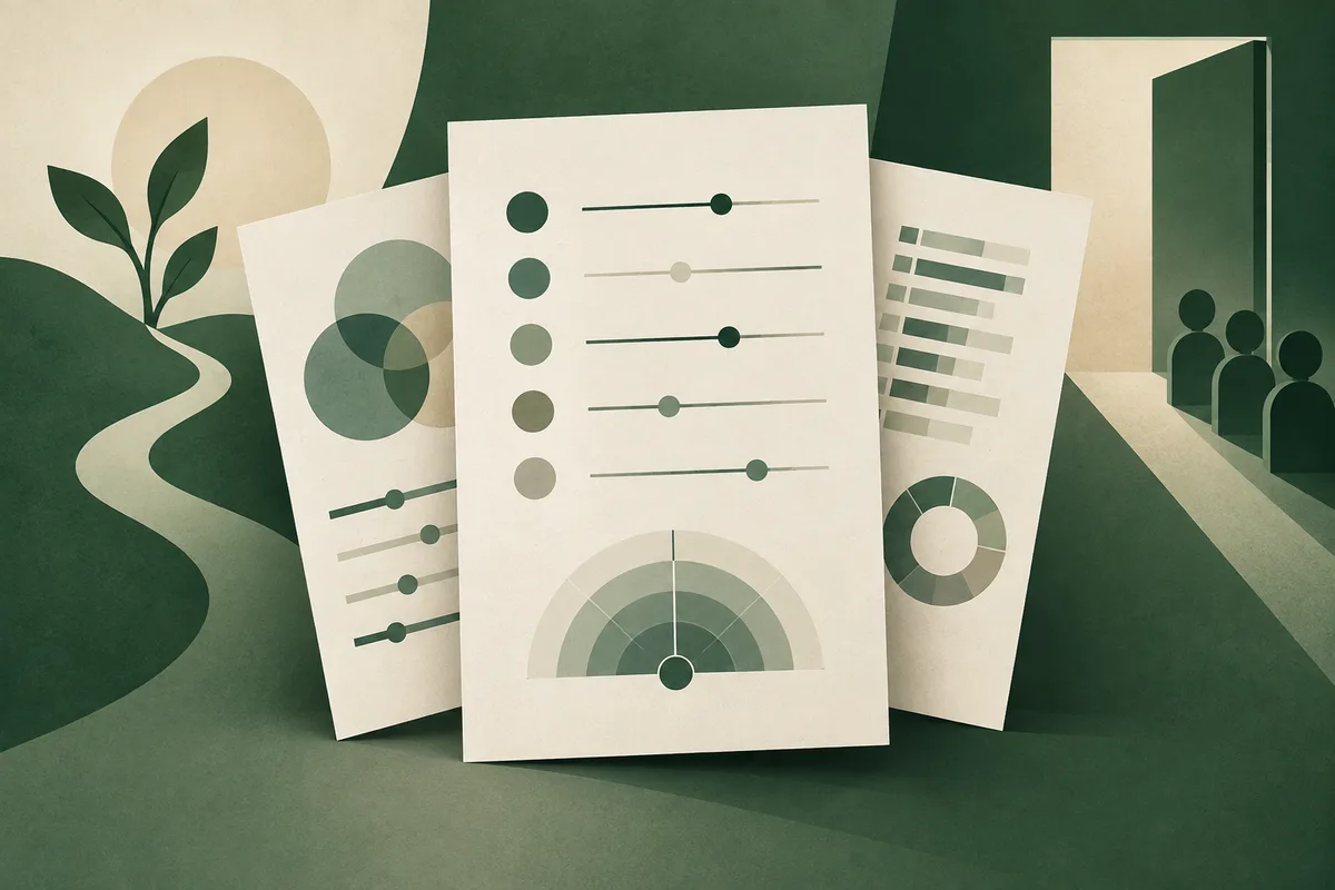 Overlapping cream sheets show abstract sliders, circular charts, and bars in dark green, beside a leafy plant and three person-shaped silhouettes.