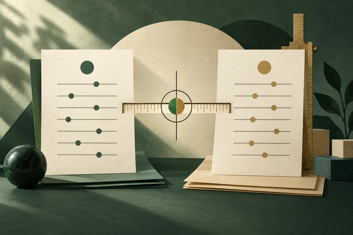 Two report sheets with colored dots and horizontal lines flank a central ruler and circular target; stacked papers, a dark sphere, a plant, and geometric blocks sit on a green surface.