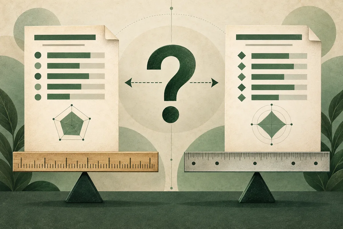 Two illustrated sheets with horizontal bars and geometric diagrams sit on opposite sides of a large question mark, above separate balance beams with rulers.