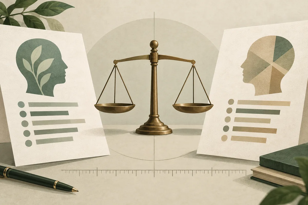 A brass balance scale stands between two illustrated profile sheets with colored bars; a pen, ruler, books, and leaves surround the scene.
