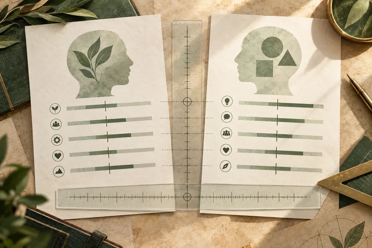 Two illustrated profile sheets with horizontal bars and small circular icons face each other across a vertical ruler; papers, leaves, books, and drafting tools surround them.