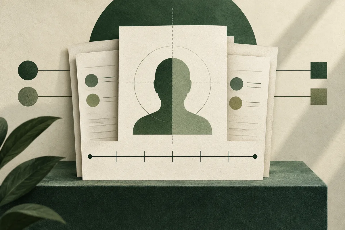 A two-tone silhouette on a paper card sits before layered report pages, with a circular scale motif, connected dots and squares, and dark green leaves at the side.