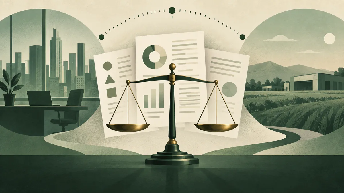 Green illustration of balance scales in front of report pages with simple charts, against a city and field landscape beneath a dotted semicircular gauge.