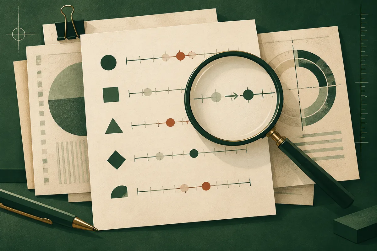 Cream sheets with colored shapes and measurement lines lie on a dark green surface. A magnifying glass enlarges one line, and a pen rests beside the papers.