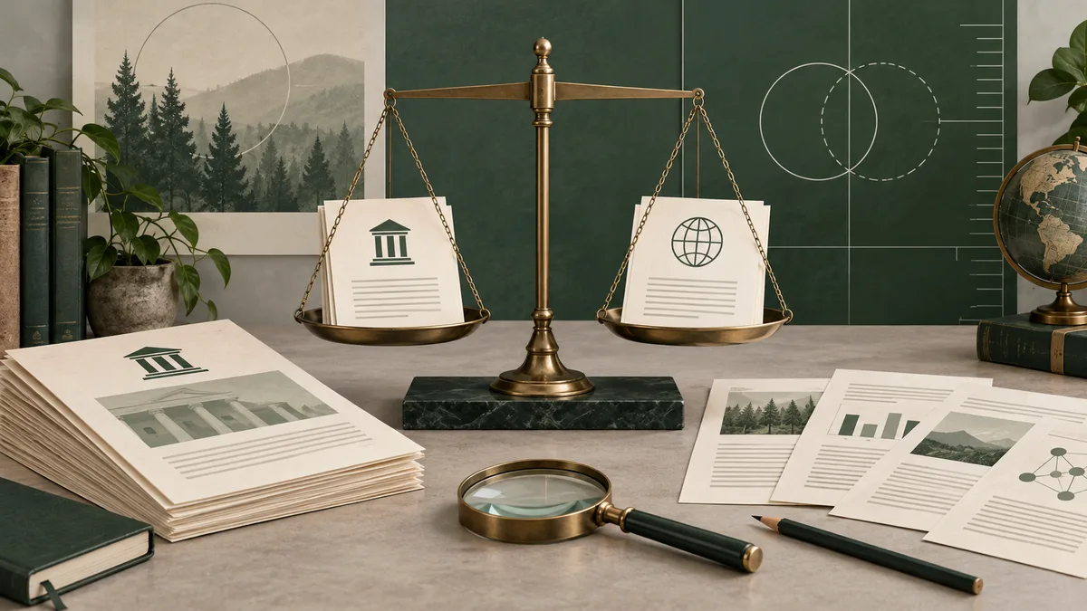 Brass balance scales hold papers with a building icon on one side and a globe icon on the other, surrounded by reports, a magnifying glass, a globe, plants, and a dark green board with geometric diagrams.